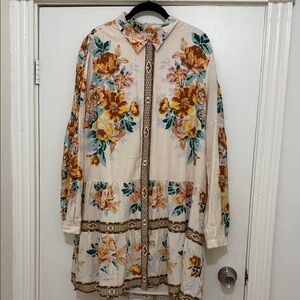 Anthropologie Cream Tunic Dress with Mustard & Teal Floral Print